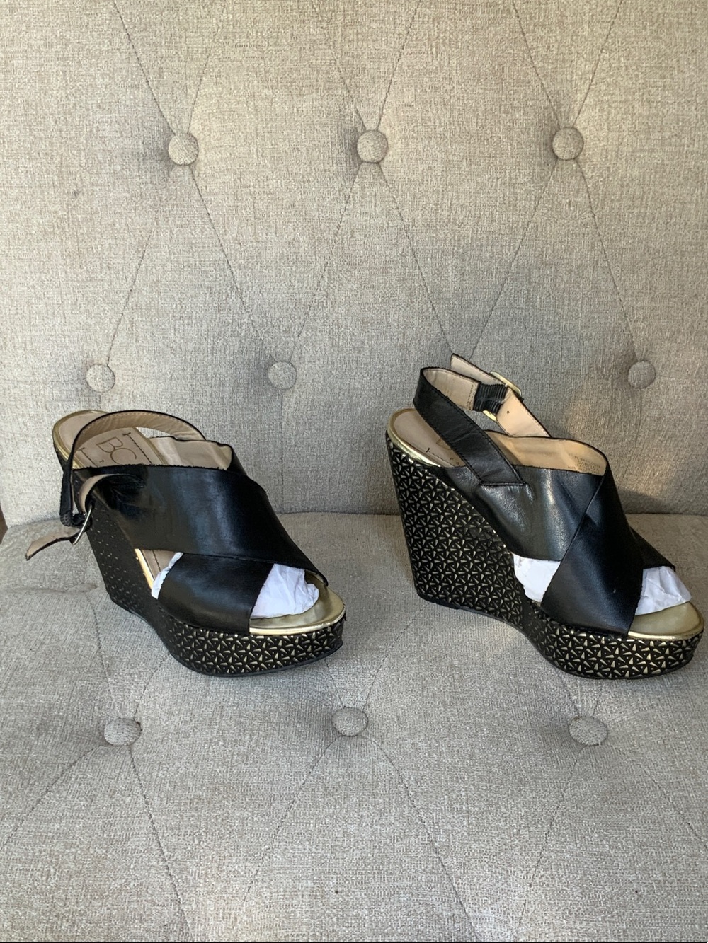 BCBG Black Leather Wedge Sandals with Gold-Trim Platform